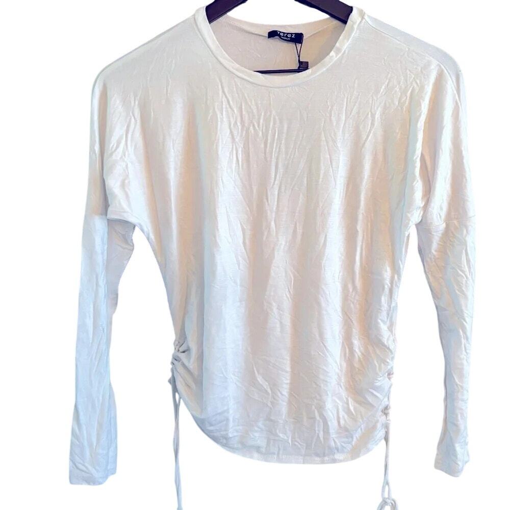 NWT Terez Girls White Long Sleeve Cinched Ruched Shirt Youth Size Large